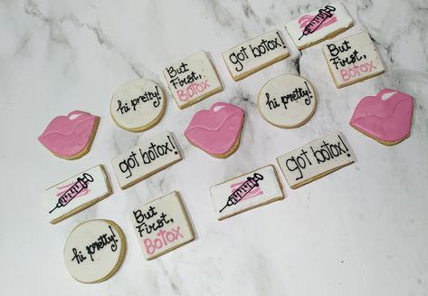 Botox Cookies, Botox Lips, Spa Birthday Parties, Spa Birthday, Cookie Business, Botox Fillers, Lip Fillers, Med Spa, Grad Party