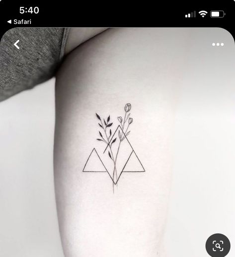 Simplistic Meaningful Tattoos, Small Tattoos Geometric, Geometric Tattoo Women Arm, Minimalist Female Tattoo, Geometric And Floral Tattoo, Triangle Cover Up Tattoo, Tiny Plant Tattoo, Minimal Plant Tattoo, Minimalist Wrist Tattoo