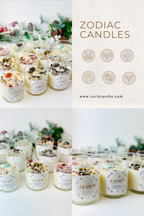 Zodiac Candle Scents, Zodiac Candles Diy, Birth Crystals, Charmed Aroma Candles, Zodiac Decor, Candle Theme, Boutique Store Displays, Candle Crafts, Healing Candles