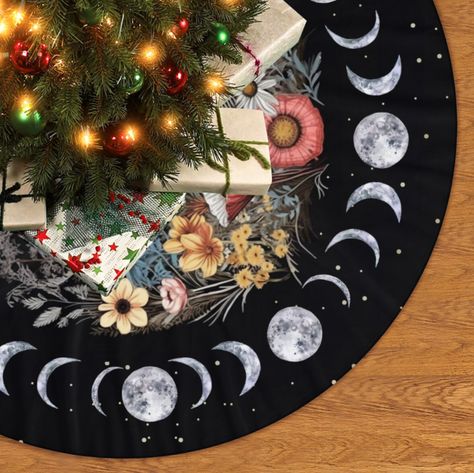 "Cottagecore wildflower Botanical Wicca Witchy Christmas Tree Skirts, Moon cycle Pagan Yule Tree decor, Tree soft plush blanket feet cover These Pagan Christmas Tree Skirts are made from soft and plush fleece material, printed on one side, designed to brighten up any space during Christmas time! .: 100% Polyester fleece .: Pre-constructed item. Size variance +/- 2.5\" .: Size : Diameter, 44\" .: One-sided print .: Cream base color .: Assembled in the USA from globally sourced parts Care instruct Witchy Christmas Tree Decorations, Witches Christmas Tree, Wiccan Christmas Tree, Witch Christmas Tree, Celestial Christmas Tree, Blanket Feet, Pagan Yule Tree, Christmas Maximalist, Witchy Christmas Tree