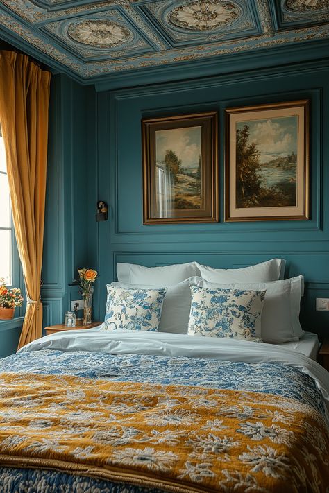 Blue and gold bedroom ideas and decor create a space that's both opulent and comfortable.  Explore deep blue walls, gold accent furniture, and luxurious metallic details. Discover navy velvet headboards, antique gold mirrors, and ornate light fixtures.  Find inspiration for blue bedding with gold trim, gilded artwork, and plush blue carpets. Design a space that embodies both luxurious style and cozy relaxation. Wedgwood Blue Bedroom, Blue Gold Furniture, Hufflepuff Bedroom Decor, Light Blue Bedroom Walls Colour Schemes Color Combinations, Chartreuse Bedroom Decorating Ideas, Blue Eclectic Bedroom, Antique Headboard Ideas, Blue Gold Bedroom Ideas, Light Color Bedroom