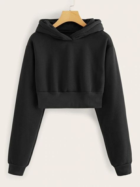 Solid Drop Shoulder Crop Hooded Sweatshirt Tokyo Street Fashion, Drop Shoulder Hoodie, Stylish Hoodies, Trendy Hoodies, Crop Top Hoodie, Crop Top Sweatshirt, Crop Top Outfits, Tween Outfits, Girls Fashion Clothes