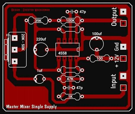 PCB Layout Master Mixer Single Supply 12VDC Fixed, The layout of resistors that have no value can be filled as desired, for example, 1K Ohm - 10K Ohm Power Amplifier Circuit Diagram, Diy Subwoofer, Low Pass Filter, Mini Driver, Diy Audio Projects, Circuit Bending, Circuit Board Design, Diy Amplifier, Power Supply Circuit