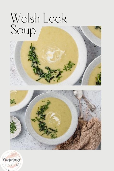 Overhead images of single serving of Welsh leek soup Soup Recipes Leek, Scottish Potato Leek Soup, Roasted Cauliflower And Leek Soup, Cream Of Leek Soup, Leek Soup Vegan, Rustic Leek And Potato Soup, Soup With Potatoes, Light Soup, Leeks Soup Recipes