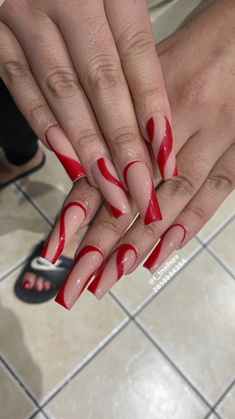 Trendy Nails Red Square, Red Nail Inspo Acrylic Square, Red And White Nails Acrylic, Red Nails Coffin, Red Nails Acrylic Design, Red French Tip Nails Coffin, Red French Tip Acrylic Nails, Red Coffin Nail Ideas, Red And White Nails