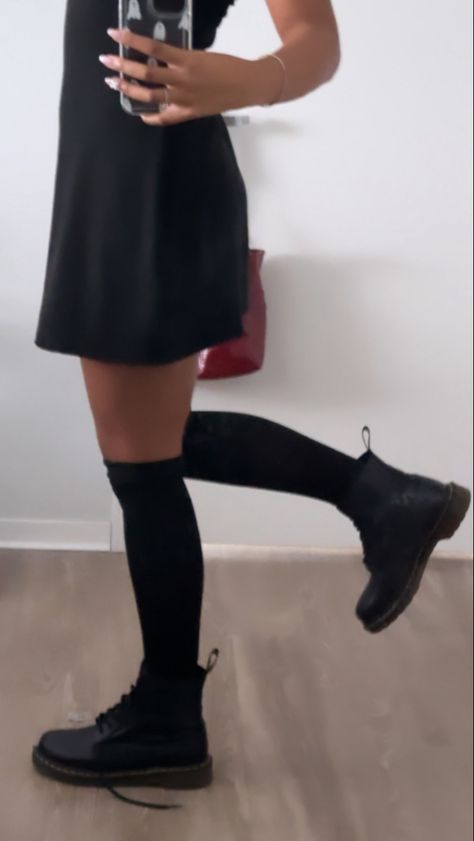 black dress doc martens knee socks Black Dress Doc Martens, Knee High Doc Martens, High Doc Martens, Dress Doc Martens, High Knee Socks Outfit, My Own, Sock Outfits, Over The Knee Socks, High Knees