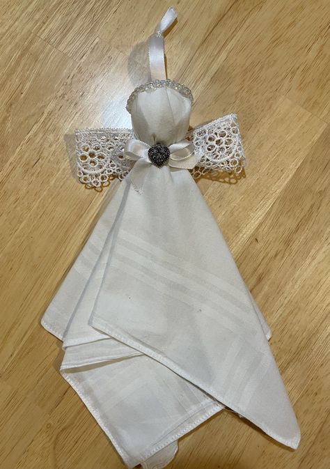 Christmas Angel 👼🏻 A keepsake made from my Dad’s old handkerchief. 👼🏻❤️❤️ Hankerchief Angels Diy, Handkerchief Angels, Hanky Crafts, Handkerchiefs Crafts, Diy Christmas Angel Ornaments, Vintage Handkerchiefs Crafts, Memory Items, Angel Decorations, Memory Ideas