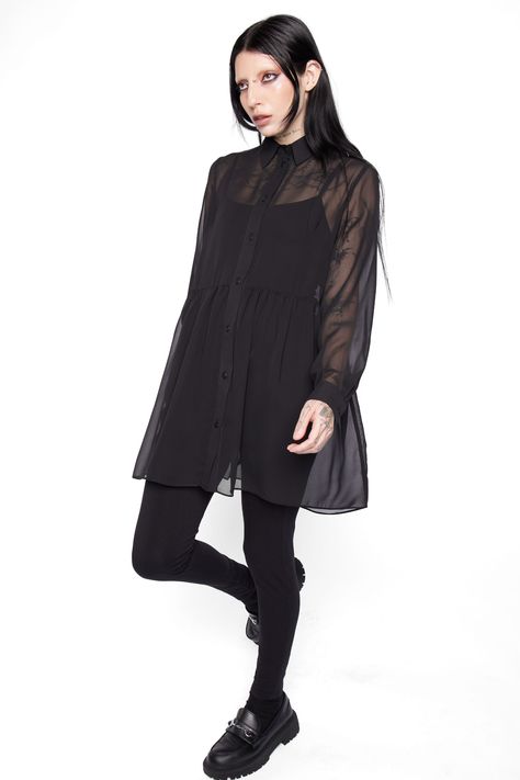 Sheer Shirt Dress Outfit, Corpo Goth, Spooky Outfits Aesthetic, Corporate Goth Outfits, Mesh Shirt Outfit, Oversized Button Down Shirt Outfit, Polka Dot Shirt Outfit, Musician Clothes, Soft Goth Outfits