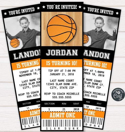 FREE Printable Basketball Ticket Invitation Template | FREE Invitation Templates - Drevio Ticket Invitation Birthday Templates, Invitation Card Design Basketball, Basketball Ticket Template Free, Basketball Ticket Invitation, Basketball Theme Birthday Party Invitations, Basketball Invitations Free Printable, Basketball Theme Invitation Templates, Basketball Party Invitations Free, Basketball Party Invitations