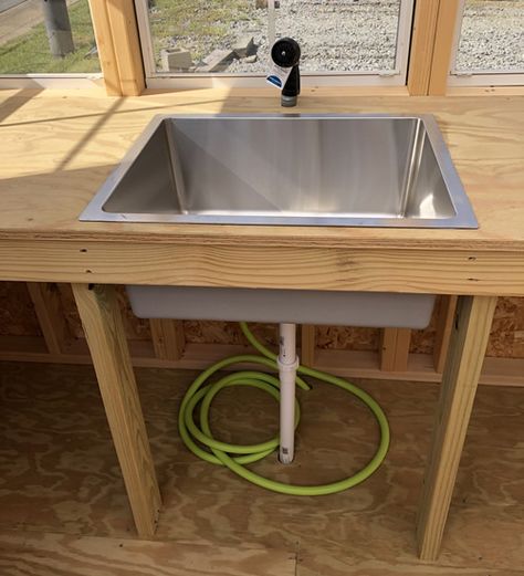 Greenhouse Countertop, Sink In Greenhouse, Greenhouse Outdoor Kitchen, Walipini Greenhouse Diy, Greenhouse Sink Ideas, Greenhouse Workbench, Greenhouse Storage Ideas, Garage Sink Ideas, Heating A Greenhouse Without Electricity