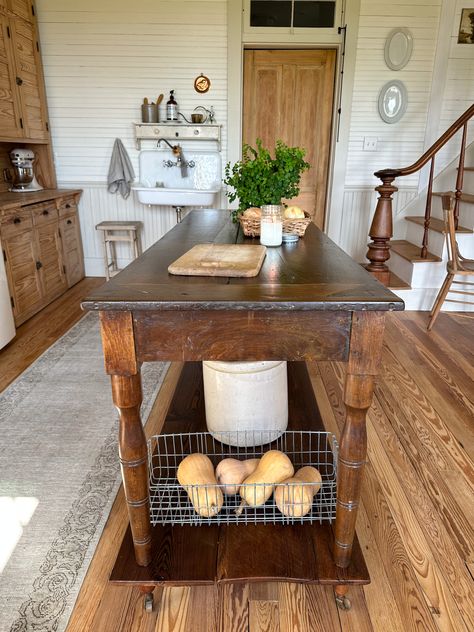 How to Turn an Antique Table into a Draper's Table Kitchen Island - Midcounty Journal Tables As Kitchen Islands, Added Kitchen Island, Prep Tables In Kitchen, Turn Table Into Kitchen Island, Kitchen Island Dining Table Extension, Diy Vintage Kitchen Island, Table Middle Of Kitchen, Antique Kitchen Island With Seating, Old Dresser Kitchen Island