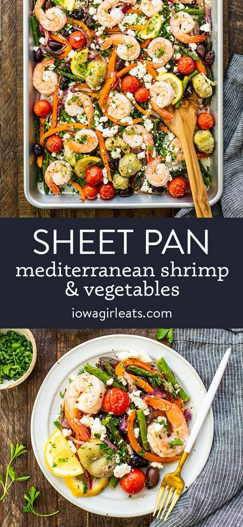 Sheet Pan Mediterranean Shrimp and Vegetables is a healthy, low carb, EASY meal that cooks in just 15 minutes! iowagirleats.com shrimp recipes, seafood recipes, low carb recipe, low carb meals, low carb dinners, sheet pan dinners, sheet pan meals, shrimp recipes, mediterranean shrimp recipe, mediterranean shrimp recipes, mediterranean shrimp, mediterranean diet shrimp recipes Shrimp And Asparagus Sheet Pan Dinner, Shrimp Sheet Pan Recipes, Pan Dinners Sheet, Sheet Pan Mediterranean, Meals Low Carb, Mediterranean Shrimp, Sheet Pan Meals, Dinners Healthy, Shrimp And Vegetables