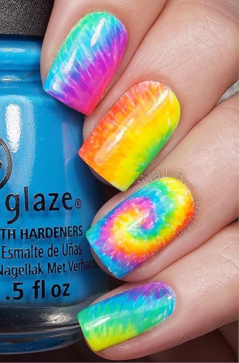 rainbow nail art-30 Multi Colored Nail Designs, Watercolor Nail Art, Coffin Art, Watercolor Nails, Nails Grunge, Rainbow Nails Design, Rainbow Nail Art, Water Color Nails, Hippie Nails