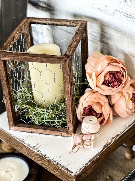 Metal Lanterns Diy, Canvas Lantern Diy, Dollar Tree Canvas Ideas, Western Themed Home Decor, Dollar Tree Rustic Decor, Dollar Tree Western Decor, Dollar Tree Farmhouse, Crafts With Chicken Wire, Dollar Tree Wood House Crafts