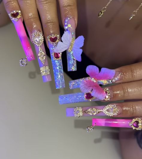 Pink And Blue Nails, Colourful Acrylic Nails, Fly Nails, Adorable Nails, Funky Nail Designs, Bday Nails, Luminous Nails, Blue Acrylic Nails, Cute Acrylic Nail Designs