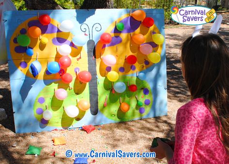 Spring Carnival Game - Butterfly Balloon Burst - NO Darts Needed! Butterfly Party Games For Kids, Butterfly Birthday Activities, Butterfly Birthday Games, Butterfly Birthday Party Activities, Butterfly Party Activities, Butterfly Birthday Party Games, Butterfly Party Games, Spring Fling Games, Spring Festival Ideas