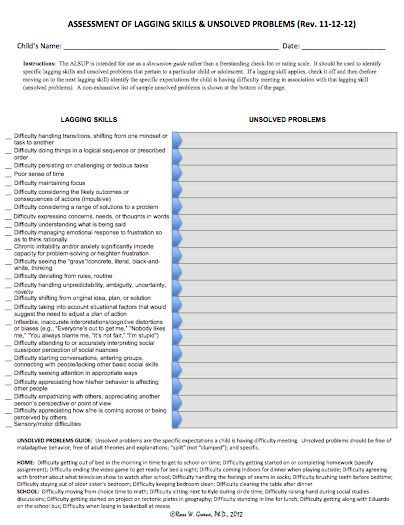 Assess Lagging Skills and Unsolved Problems (ALSUP) by Ross Greene Ross Greene Problem Solving, Lagging Skills, Ross Greene, Rti Interventions, Intervention Specialist, Play Therapy Techniques, Visual Schedules, Behavior Supports, Strategic Plan