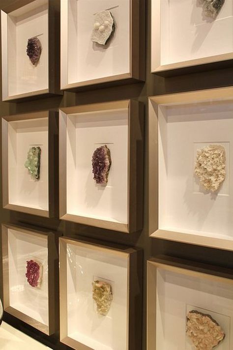 Classy way to display a collection. This is a awesome design blog. Rock Collection Display, Minerals Art, Image Reference, Fabulous Diy, Diy Artwork, Crystal Wall, Rock Collection, Crystal Decor, Shadow Boxes