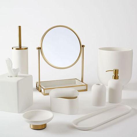 Modern Resin Stone Bathroom Accessories | west elm Bathroom Sets Bath Accessories Modern, Bathroom Decor Inspo Luxe, White And Gold Bath Accessories, White And Gold Bathroom Accessories, Modern Bath Accessories, Bathroom Sets Bath Accessories Gold, Bathroom Styling Modern, Brushed Gold Bathroom Accessories, Master Bathtub Decor Modern