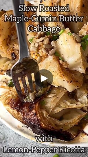 4.2K views · 41 reactions | SLOW ROASTED MAPLE-CUMIN BUTTER CABBAGE WITH LEMON-PEPPER RICOTTA! Sweet, savory, caramelized in its own juices— it‘s a 10!! I saw this method on @herecomesthecabbage—I hadn’t seen cabbage cooked this way—MOUTHWATERING •Cre by @starinfinitefood For the cabbage: 1 small/medium cabbage head 4 tbsp unsalted butter, softened to room temperature 2 tbsp maple syrup 1/2 tsp cumin 1/2 tsp salt 1/2 tsp paprika 1 tbsp minced garlic 2 tbsp chopped scallions 2 tbsp chopped fresh oregano • For the ricotta: 3/4 cup ricotta 1/2 tsp pepper 1/4 tsp salt Juice of 1/2 lemon Zest of 1/2 lemon • Toppings: Leftover butter Sunflower seeds Chopped scallions Pepper • 1️⃣Preheat the oven to 400. Maple the butter. Add the butter, maple syrup, cumin, salt, paprika, garlic, scallions and o Maple Cumin Butter Cabbage, Butter Cabbage, Cabbage Cooked, Buttered Cabbage, Work Food, Cabbage Head, Roasted Cabbage, Green Enchilada Sauce, Vegetable Side Dishes Recipes