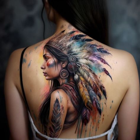 Back Woman Tattoo, Chest Tattoo Lettering, Indian Women Tattoo, Native Indian Tattoos, Indian Girl Tattoos, Thigh Piece Tattoos, Black And White Flower Tattoo, Indian Feather Tattoos, Indian Tattoo Design