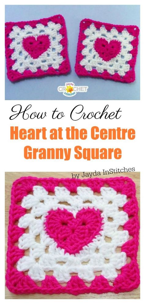 How to Crochet Heart at the Centre Granny Square Video Tutorial #freecrochetpattern #crochetpattern Granys Crochet Squares Heart, Crochet Granny Square With Heart, Checker Granny Square, Unique Granny Square Crochet Pattern, Crochet Heart Granny Square Pattern, Heart Granny Square, Granny Square Pattern Free, Granny Square Häkelanleitung, Crocheted Squares