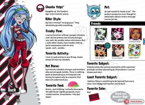 monster high character profile | Monster High Ghoulia Yelps Profile by ~SweetieShelly on deviantART Monster High Ghoulia, Ghoulia Yelps, Monster High School, Arte Monster High, Nerd Glasses, Monster High Party, Catty Noir, Monster High Art, Monster High Characters