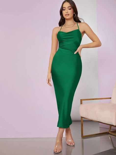 SHEIN BAE Lace Up Backless Split Back Satin Dress for Sale Australia| New Collection Online| SHEIN Australia Emerald Cocktail Dress, Outfit Shein, Halter Bodycon Dress, Velvet Bodycon Dress, Striped Tunic Dress, Mesh Bodycon Dress, Sequin Bodycon Dress, Ruched Bodycon Dress, Long Sleeve Print Dress