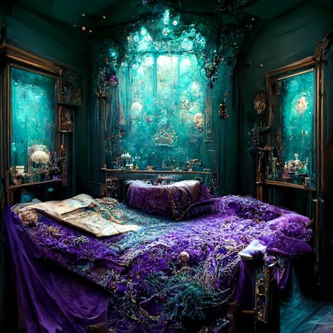 Dark Celestial Aesthetic Bedroom, Underwater Grotto, Elven Bedroom, Green And Purple Bedroom, Alice In Wonderland Bedroom, Galaxy Bedroom, Mid Century Chic, Fantasy Furniture, Purple Bedrooms