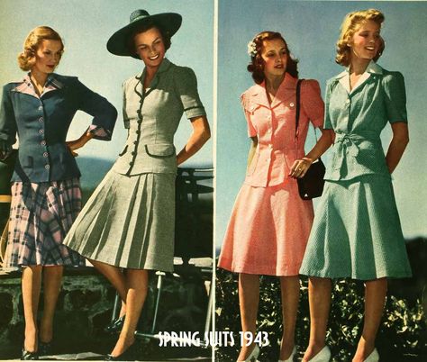 1940s Fashion – Spring College Suits for 1943 early vintage fashion era dress skirt jacket short sleeves pink green black white plaid hat purse shoes hair war swing color photo print ad 1940s Fashion Women, Decades Fashion, Fashion Through The Decades, 1940s Outfits, Fashion 1940s, Sears Catalog, Fashion Network, 20th Century Fashion, Look Retro