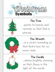 Free Symbols of Christmas Bible Printables for Kids. Christmas Tree, Wreath, Candle, Presents, Cross, Holly, Baby Jesus, Gifts, Stars and more December Bible Lessons For Kids, Symbols Of Christmas Printable, Christian Preschool Christmas Program, Christmas Symbols And Meanings For Kids, Christmas Tree Sunday School Lesson, Symbols Of Christmas For Kids, Christmas Tree Symbolism, Christmas Bible Lessons For Preschoolers, Christmas Program For Preschoolers