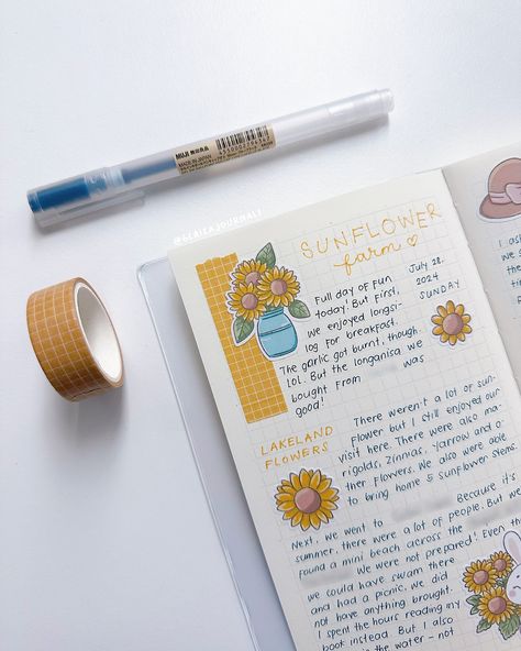 finally had the chance to go to a sunflower field before the rain came🌻✨ —— stickers: @glaizajournals washi tape: @ieebee_ #journalspread #midorinotebook #etsystickers #polaroidpicture #washicollection Journal Ideas Daily, Journal Goals, Journal Creative, Midori Notebook, Daily Reflections, Journal Idea, Travel Notebook, Etsy Stickers, Journal Spreads