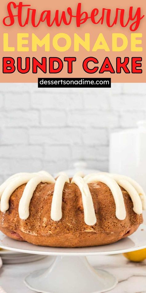 Homemade Strawberry Lemonade Bundt Cake is packed with strawberries and lemon. The cake is topped with lemon cream cheese glaze for a tasty dessert. This sweet strawberry cake is so delicious and makes the perfect recipe for any celebration. It is bursting with lots of strawberry taste. #dessertsonadime #strawberrylemonadebundtcake #strawberrylemonadecake Easy Strawberry Lemonade, Strawberry Lemonade Cake, Easy Bundt Cake Recipes, Lemon Bundt Cake Recipe, Homemade Strawberry Lemonade, Easy Bundt Cake, Lemon Cream Cheese Frosting, Bundt Cake Recipe, Lemon Cream Cheese