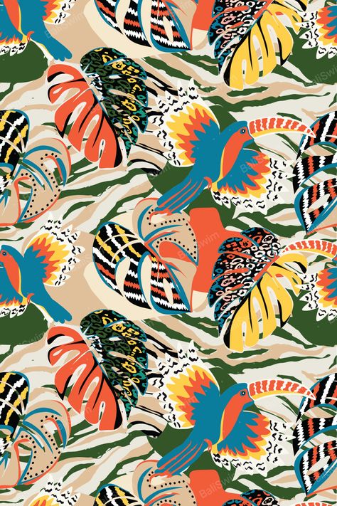 Add a splash of fun and whimsy to your swimwear collection with the vibrant and quirky Toucan pattern. The bold hues and dynamic lines will make a statement and turn heads wherever your customers go. It's a print that is perfect for those who love to stand out from the crowd and aren't afraid to express their unique style. Hawaii Pattern, Toucan Art, Dynamic Lines, Shirt Prints, Design Textile, Man Swimming, Swimwear Collection, Textile Design, Tshirt Print