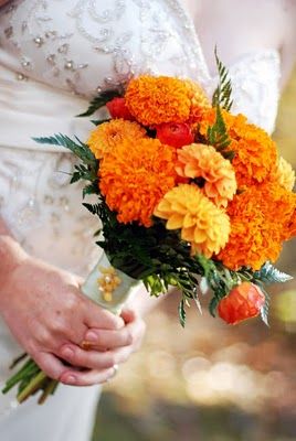 bridesmaids? Marigold Wedding Flowers, Birth Flowers By Month, Marigold Wedding Decoration, Marigold Tattoos, Flowers By Month, Marigold Bouquet, Marigold Wedding, Halloween Anniversary, Halloween Bride