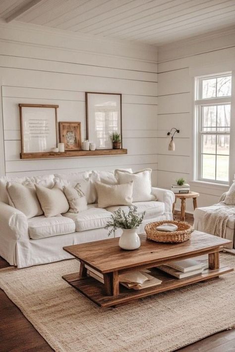 2024 Decor Trends, Scandinavian Farmhouse Living Room, Modern Farmhouse Living Room Inspiration, Decor Over Couch, Shiplap Wall Ideas, Farmhouse Decor Trends, Home Goals, Farmhouse Shiplap, Cozy Farmhouse Living Room