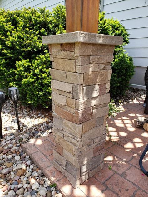 Outdoor Ramada, Diy Pillars, Stone Panels Exterior, Front Porch Stone, Porch Pillars, Faux Stone Veneer, Front Porch Columns, Stacked Stone Panels, Faux Stone Panels