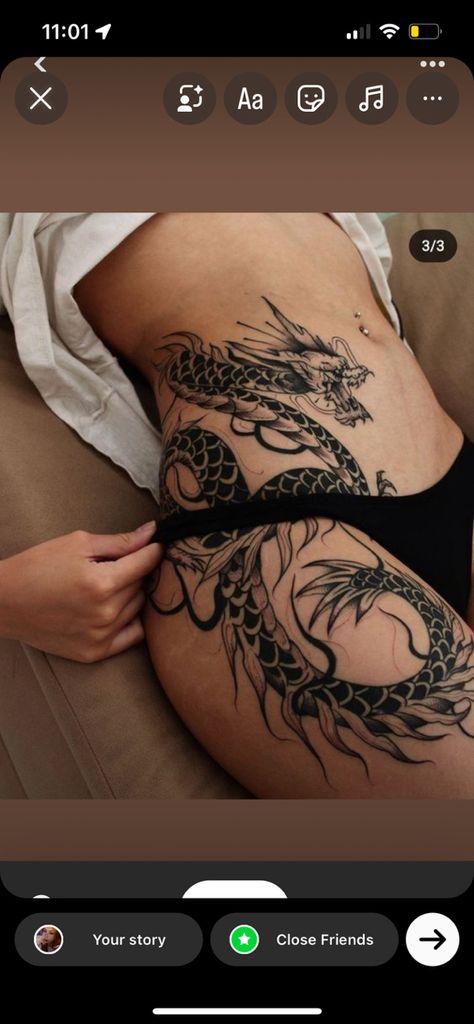 Dragon Tattoo Hip, Side Thigh Tattoos Women, Swag Tattoo, Dragon Thigh Tattoo, Side Thigh Tattoos, Nouveau Tattoo, Hip Thigh Tattoos, Dragon Tattoo For Women, Hip Tattoos Women