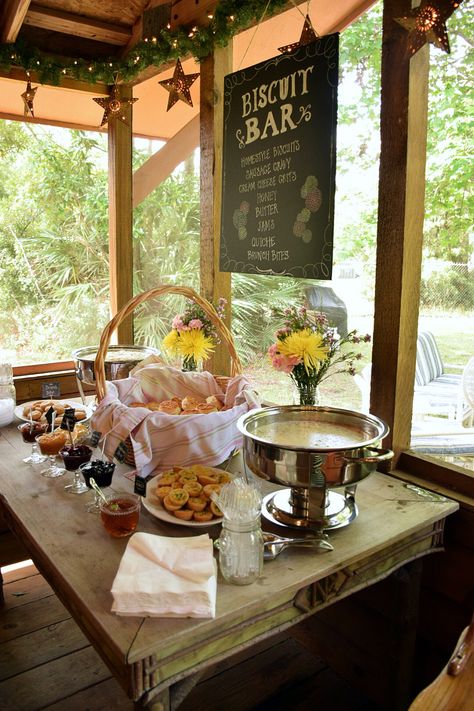 Biscuit bar with sausage gravy and cheese grits Biscuits And Gravy Bar Wedding, Bridal Shower Biscuit Bar, Biscuits And Gravy Brunch Party, Shrimp And Grits Bar Wedding, Morning Reception Ideas, Biscuits And Gravy Bar, Wedding Biscuit Bar, Rustic Brunch Ideas, Baby Biscuit Bar