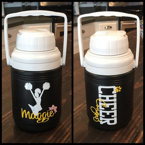 Personalized water jugs for cheer squad with name and te… | Flickr Cheer Presents, Water Bottle Ideas, Cheerleader Ideas, Cheer Sister Gifts, Cheer Buckets, Cheer Competition Gifts, Cheer Bags, Cheer Tips, Gymnastics Gear