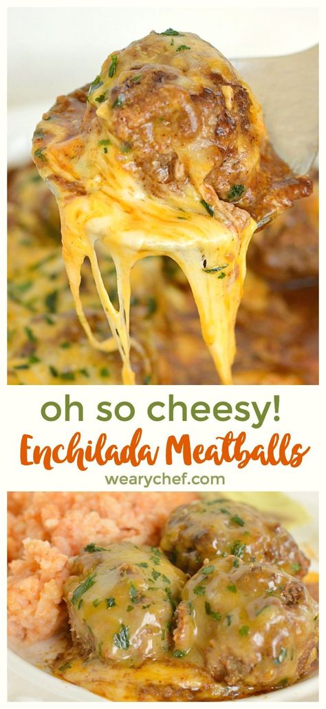 Cheesy Mexican Meatballs are a little spicy, a lot cheesy, and one of those meals that the whole family goes crazy for! It’s a make-ahead meal which makes my life easier too, especially on super busy days! #thewearychef #meatballs #mexicanmeatballs #familyfriendly #makeaheadmeal #easydinner #kidfriendly Dinner Griddle Recipes, Cholula Recipes, Meatball Enchiladas, Recipes With Instant Rice, Enchiladas Meatballs, Stuffed Meatball Recipes, Recipes For Meatballs, Meatball Tacos, Meatball Ideas