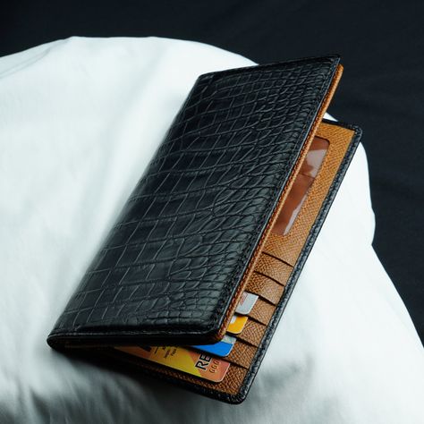 "Black Leather Wallet Long Men, Personalized Checkbook Long Bifold Wallet, Continental Wallet 11 Card Slots & Phone Pocket ✅ MATERIAL - You are viewing unisex long wallet was made from black aIIig@tor exterior &  brown cowhide interior, combined with high quality sitching, so it is soft and comfortable to touch every day. In addition to, this wallet was handcrafted 100% by careful craftsmanship ensure durability after using many years  ✅ SIZE & LIGHTWEIGHT -  7.5\" L x 3.7\" W x 0.8\" H =19cm x Mens Long Leather Wallet, Long Wallet Men, Bifold Wallet Men, Lap Top, Leather Long Wallet, Brown Cowhide, Billfold Wallet, Personalized Wallet, Black Leather Wallet