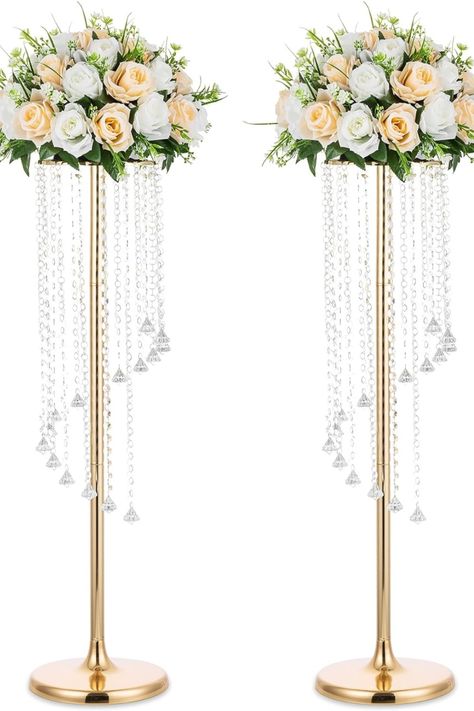 Nuptio 2 centros de mesa de boda de 35.4 pulgadas de alto, jarrones dorados, jarrón de flores de cristal, soporte de flores de metal para decoración de mesas de fiesta, elegante decoración de bodas. Tall Vase Wedding Centerpieces, Bling Centerpiece, Chandelier Centerpiece, Gold Wedding Centerpieces, Wedding Vase Centerpieces, Tall Wedding Centerpieces, Gold Centerpieces, Crystal Centerpieces, Dessert Table Decor