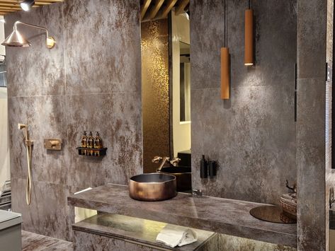 Tile Bathrooms, Luxury Tiles, Design Tiles, Dark Bathrooms, Copper Bathroom, Luxury Tile, Stunning Bathrooms, Kitchens And Bedrooms, Bedroom Goals