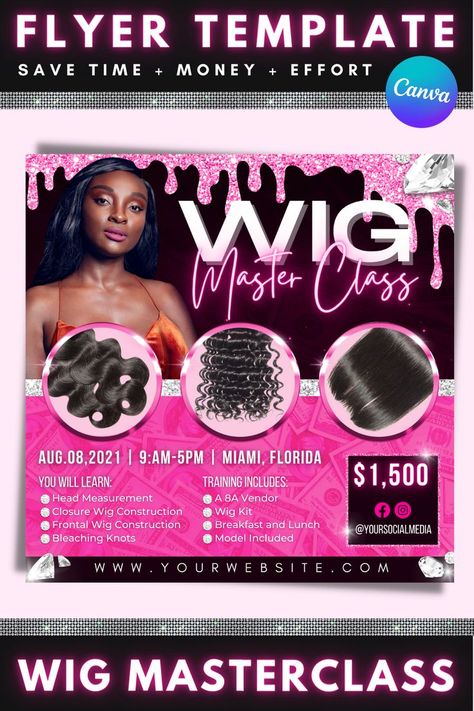 Save, MONEY💸, TIME⌛ and EFFORT💪 with this premium Wig Class Flyer template! EDIT YOUR FlYERS on CANVA on your PC or mobile device. Canva is a FREE web-based design platform that is super simple, easy to use, and FUN! ❤️INSTANT ACCESS to your Flyer after purchase, so no time is wasted! ---------- ✨FEATURES✨ ---------- ✔️Edit and delete text ✔️Arrange text or leave it as is ✔️Add or move around images ✔️Upload your own images/background ✔️Add textboxes and symbols Hair Flyer, Social Media Flyer, Flyer Ideas, Design Hair, Training Academy, Business Training, Business Hairstyles, Closure Wig, Business Person