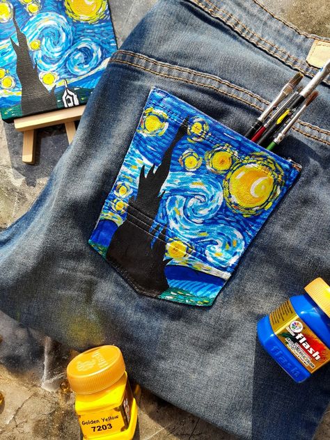 Painting On Jeans, Starry Night Painting, Custom Jeans, Painted Jeans, Jean Pockets, Night Painting, Old Jeans, Mini Canvas Art, Mini Canvas