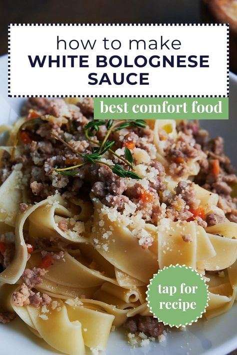 Meet the new Bolognese on the block that not only boasts big, full bodied flavor but also is quick on cooking time (under an hour!) compared to a traditional Bolognese sauce recipe. White bolognese with chicken manages to be rich, tender and meaty thanks to using ground chicken thighs while skipping tomatoes, heavy cream or whole milk. A pasta meat sauce recipe the whole family will crave on repeat! Chicken Bolognese Sauce, White Bolognese, Winter Pasta Recipes, Traditional Bolognese, Homemade Pasta Sauce Recipe, Chicken Bolognese, Meat Sauce Recipe, Italian Pasta Sauce, Pasta With Meat Sauce