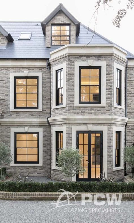 Houses With Tall Windows, Home Cladding Ideas, Black Georgian Windows, Black Window House Exterior, Black Sash Windows Exterior, Black Sash Windows, English House Exterior, English Windows, Black Windows Exterior