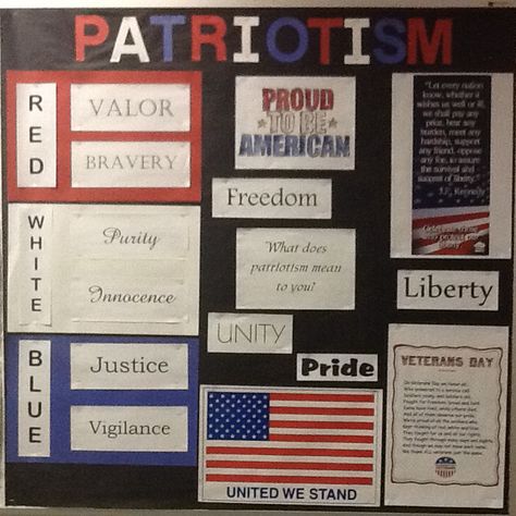 Bulletin board for patriotism, Veteran's Day. Patriotic Classroom Theme, Daycare Bulletin Boards, Patriotic Classroom, History Bulletin Boards, Leadership Classes, Veterans Day Celebration, Christian Bulletin Boards, Veterans Day Activities, Patriotic Centerpieces