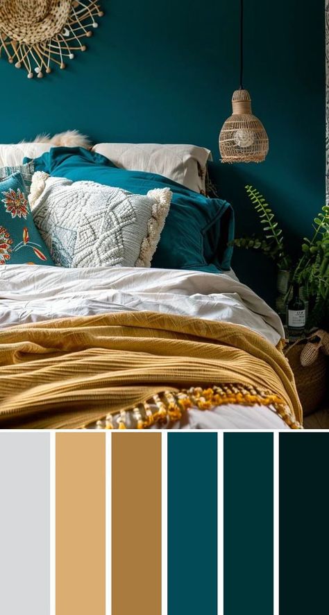 Emerald Green And Teal Bedroom, Navy Teal Gold Color Palette, Peacock Bedroom Colors, Dark Teal Bedding Color Combinations, Deep Turquoise Bedroom, Teal Bedspread Room Ideas, Teal Master Bedrooms Decor, Teal Walls Bedroom, Dark Teal Color Scheme